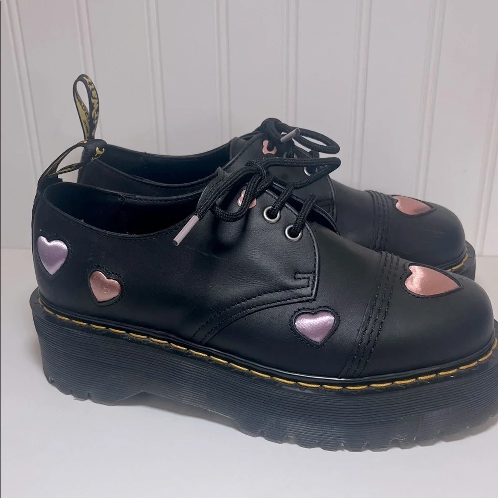 Dr. Martens 1461 Quad Heart Platform Shoes with Pink Heart Accents
